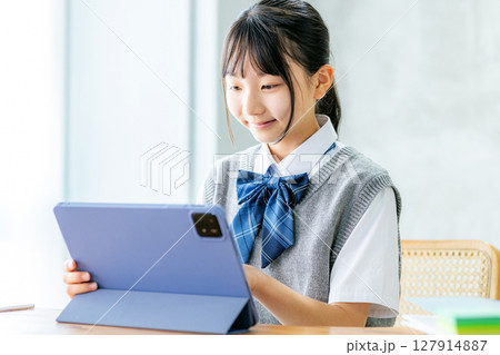 オンライン授業を受ける女子高生 127914887