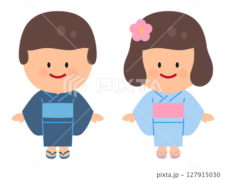 浴衣を着た人物イラストセット(茶髪) 127915030