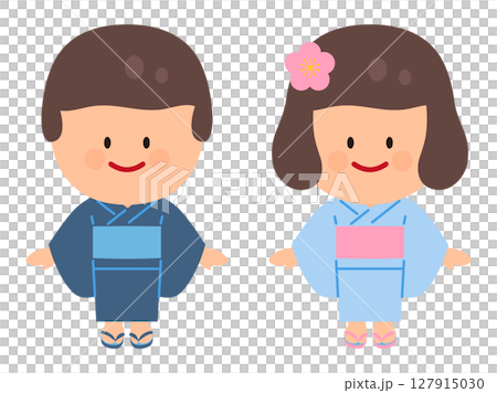浴衣を着た人物イラストセット(茶髪) 127915030