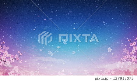 星空の下に舞い散る桜の花びらと柔らかな青から紫へのグラデーション 127915073