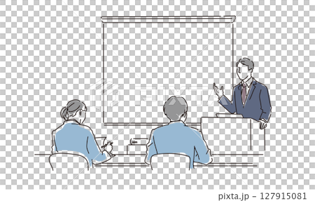 セミナーを受けるビジネスシーンの線画イラスト 127915081