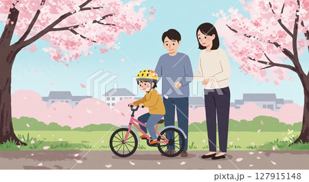 青空の下、親子で自転車の練習に励む、成長の瞬間 127915148