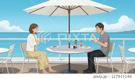 海の見えるカフェでランチ、夫婦で楽しむ贅沢な時間 海の見えるカフェでランチ、夫婦で楽しむ贅沢な時間 127915149