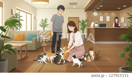ホテル滞在中の癒し、猫と触れ合う女性の笑顔 127915151