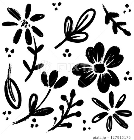 collection of hand drawn floral doodles in bold black brushstroke style on white background. 127915176