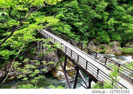 日光市　龍王峡の虹見橋と新緑 127915282