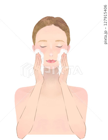 目を閉じて泡洗顔をする女性の美容イメージイラスト 目を閉じて泡洗顔をする女性の美容イメージイラスト 127915406