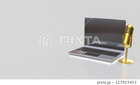 The Laptop and microphone for Pod cast or social media 3d render. The Laptop and microphone for Pod cast or social media 3d render. 127915453