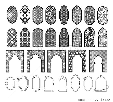 Traditional Islamic gate or window with Arabic arabesque pattern, black Ramadan arch frame, oriental line art vector set 127915482