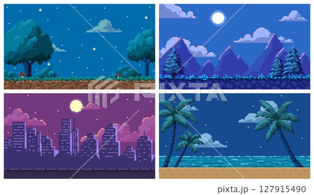 Pixel art 8 bit arcade video game background vector set, cityscape, palm beach and nature landscape summer night scenes 127915490
