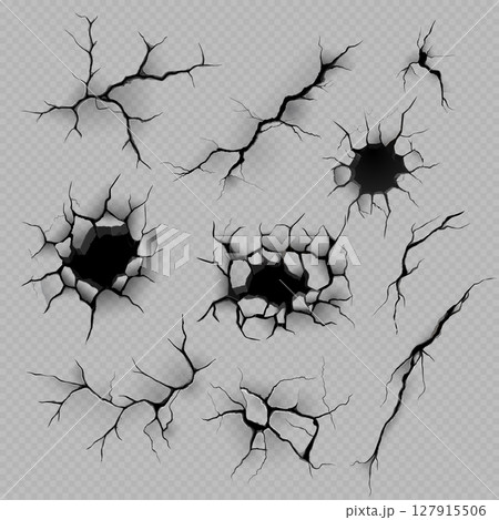 Realistic wall crack and hole effect, vector illustration set of broken ground, land erosion or crashed concrete texture 127915506