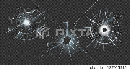 Broken glass shatter hole vector set, realistic transparent screen cracked overlay effect, window splits, bullet fissure Broken glass shatter hole vector set, realistic transparent screen cracked overlay effect, window splits, bullet fissure 127915512