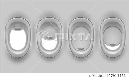 Airplane window in different positions inside view, vector flight plane interior fuselage porthole, close and open glass 127915521