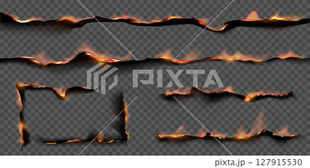Paper fire burning stripes and corner frame, vector realistic ablaze paper side with black ash on transparent background 127915530