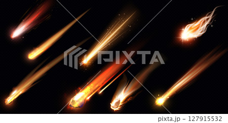 Falling asteroid or comet with orange fire tail, realistic vector flying meteorite in space, burning rock, meteor shower 127915532