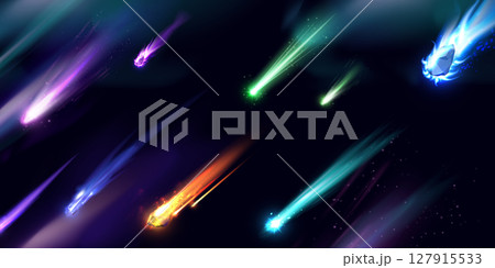 Falling asteroid or comet different colors with fire trail, realistic vector flying burn meteorite on the Aurora Polaris 127915533