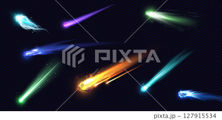Falling asteroid comet different colors with fire trail, high speed flying burn meteorite in space realistic vector set Falling asteroid comet different colors with fire trail, high speed flying burn meteorite in space realistic vector set 127915534