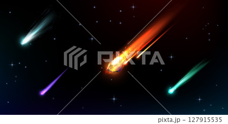 Falling asteroid or comet different colors with fire trail, realistic vector flying burn meteorites in space, starry sky 127915535