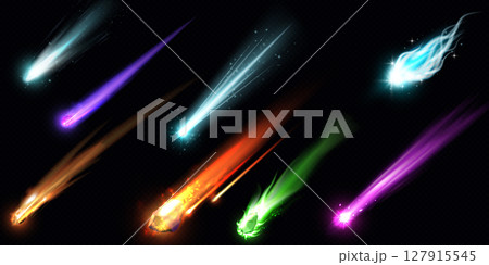 Falling asteroid or comet different colors with fire trail, realistic vector high speed flying burn meteorite in space 127915545