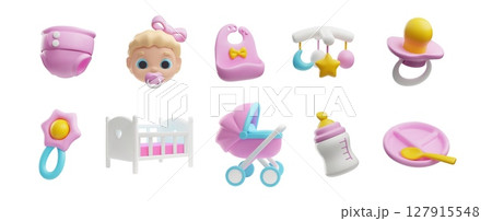Set of baby girl things 3D vector collection, cute infant face, buggy, bed, diaper, pacifier, toys and feeding utensil 127915548