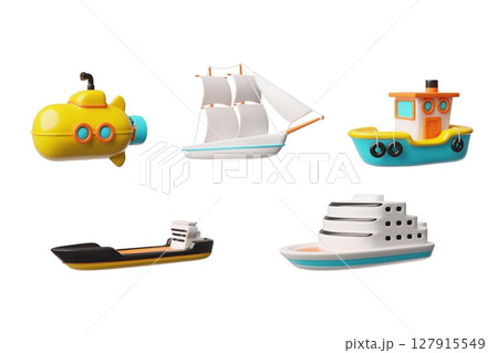 Water transportation collection 3D plastic style vector set, cruise liner, yacht, cargo ferry, fishing boat, sail ship Water transportation collection 3D plastic style vector set, cruise liner, yacht, cargo ferry, fishing boat, sail ship 127915549