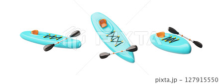 Canoe, tourist boat with paddle, seat 3D vector set, kayak with oar for active sport on water, rafting sports equipment 127915550