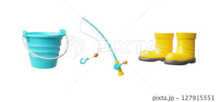 3D Fishing Set, Yellow Rubber Boots, Fishing Rod with Hook, Blue Bucket. 127915551