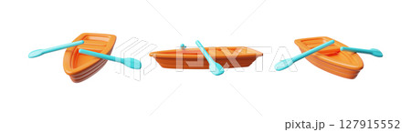 3d set of orange wooden boats with oars from different sides. 127915552