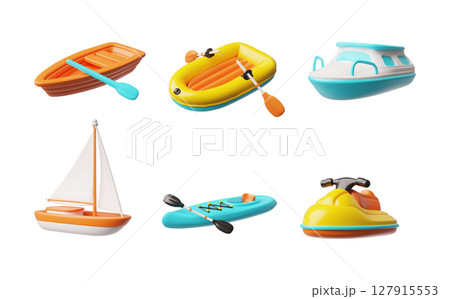 Water transportation boat types 3D cartoon vector set, fishing rowboat, motorboat, inflatable boat, sailboat and scooter Water transportation boat types 3D cartoon vector set, fishing rowboat, motorboat, inflatable boat, sailboat and scooter 127915553