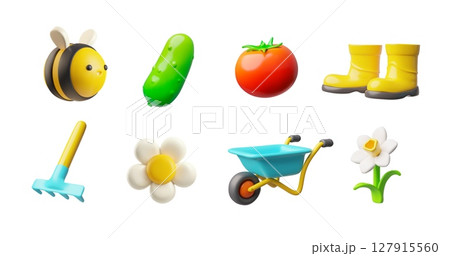 3D vector icon set of gardening, rake, wheelbarrow, bee, cucumber, tomato, flower, rubber boots. 127915560