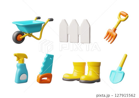 Gardening cultivate equipment 3D plastic style cartoon vector set, pitchfork, cart, fence, boots, shovel, saw, spray 127915562