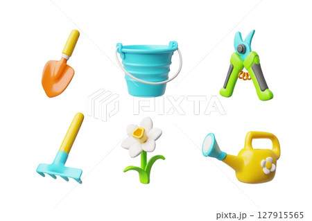 3D Gardening Tool Set. Bucket, Shovel, Watering Can, Pruning Shears, Rake and Flower Illustration. 3D Gardening Tool Set. Bucket, Shovel, Watering Can, Pruning Shears, Rake and Flower Illustration. 127915565