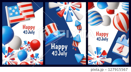 American happy Independence day, 4th July vector 3D plastic style posters set, USA flag, festive national decorations 127915567