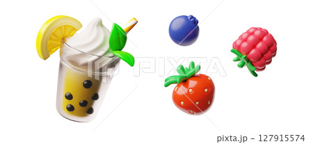 Bubble tea with tapioca pearls, lemon and berries, milkshake cocktail 3D cartoon vector icons set, Boba Asian pearl tea 127915574