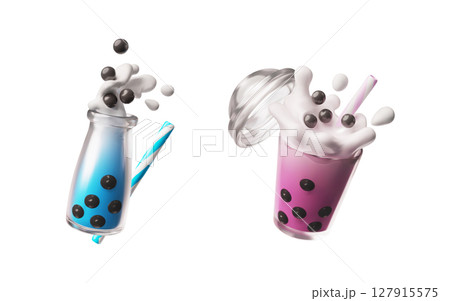 3D set of bubble tea in plastic cup and glass bottle with tapioca balls, splashes and straw. 3D set of bubble tea in plastic cup and glass bottle with tapioca balls, splashes and straw. 127915575