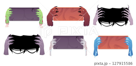 Creepy zombie, monsters corpse hands show a sign board, cartoon dead arms presentation banner, vector Halloween messages Creepy zombie, monsters corpse hands show a sign board, cartoon dead arms presentation banner, vector Halloween messages 127915586