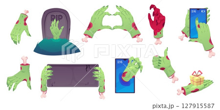 Vector set of green zombie hands in various positions, gestures, with phone, gift, board. 127915587