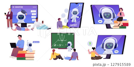 Students with smartphones, online studying with chat bot, distance education AI robotic learn assistance vector flat set 127915589