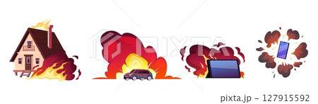 Burning fire, explosion effect, cartoon house, car, smartphone flaming, fire destruction, device disaster vector set 127915592