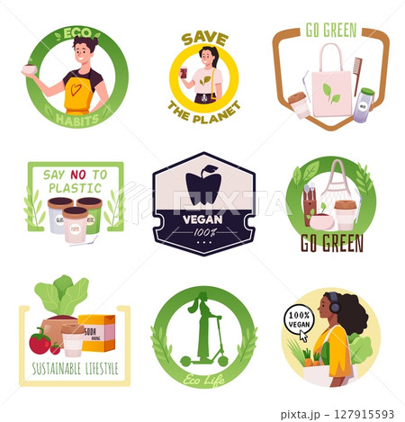 Vector set of eco icons in different shapes for veganism, plastic-free living and save the planet. 127915593