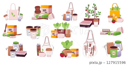 ECO sustainable lifestyle compositions flat set, ecological elements, cartoon reduce, reuse, recycle concept, Zero waste 127915596