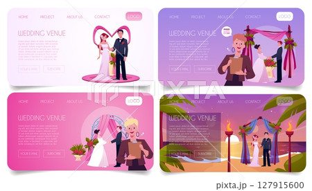 Wedding venue service vector landing page designs set, newlywed couple near the altar and marriage ceremony organizer 127915600