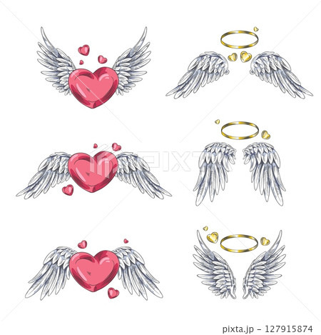 Vector set of black and white sketch angel wings on red heart and golden halo. 127915874