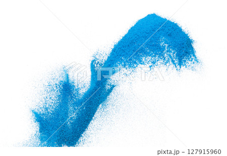 Small size blue Sand flying explosion, Ocean sands grain wave explode. Abstract cloud fly. Blue colored sand splash throwing in Air. White background Isolated high speed shutter, throwing freeze stop Small size blue Sand flying explosion, Ocean sands grain wave explode. Abstract cloud fly. Blue colored sand splash throwing in Air. White background Isolated high speed shutter, throwing freeze stop 127915960