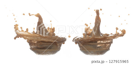 Milk Tea fall pouring down in Shape form line. Milk Ice coffee splash spill drop droplet out of glass, chocolate cocoa attack fluttering explosion in air. White background isolated, stop motion 127915965