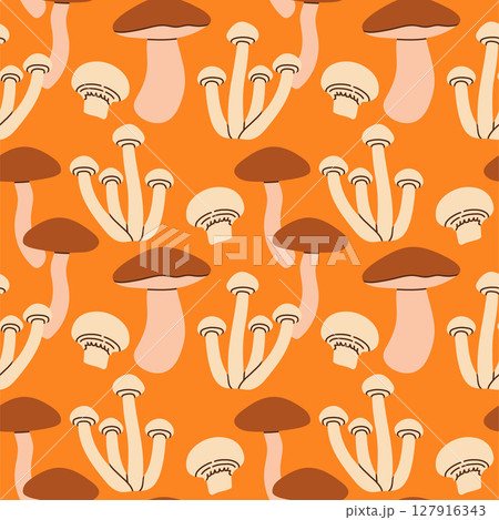 Mushrooms seamless pattern. Autumn isolated mushrooms on orange background. Square repeat pattern flat design for fall season. 127916343