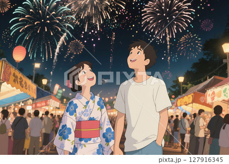 花火大会の露店を手をつないで歩くカップル、ジブリ風イラスト 127916345