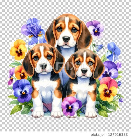 三色堇和紫羅蘭的插圖以及父母和孩子的小獵犬 1 / 傳單和海報材料 三色堇和紫羅蘭的插圖以及父母和孩子的小獵犬 1 / 傳單和海報材料 127916388