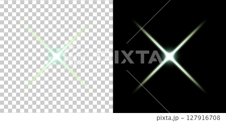 Green cross-shaped light flare effect - transparent and black background 127916708