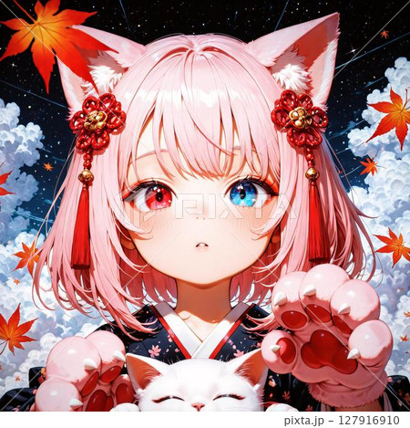 Kawaii Anime Catgirl Holding White Kitten 127916910